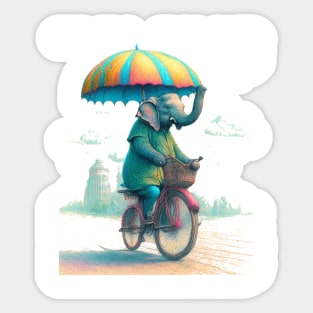 An elephant on a bicycle, holding an umbrella. Sticker